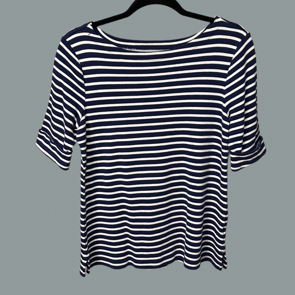 Women’s Rebecca Malone Navy and White Striped Cuffed Shirt Size M
